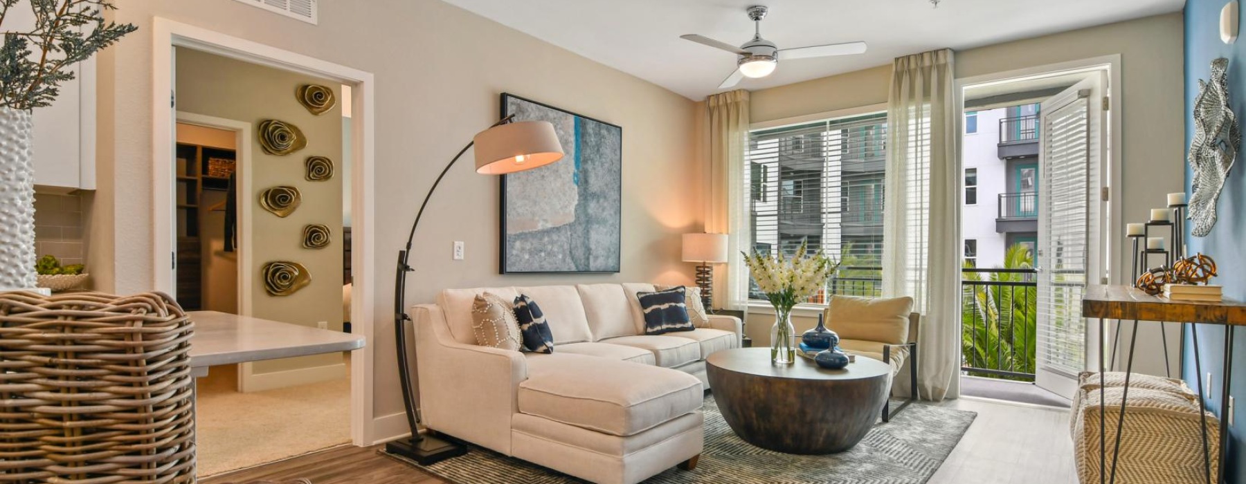 a living room with a large rug